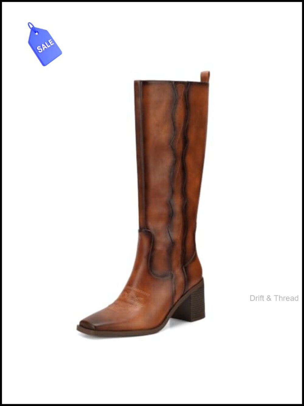 Knee High Cowboy Boots Faux Leather Square Toe Block Heel Western